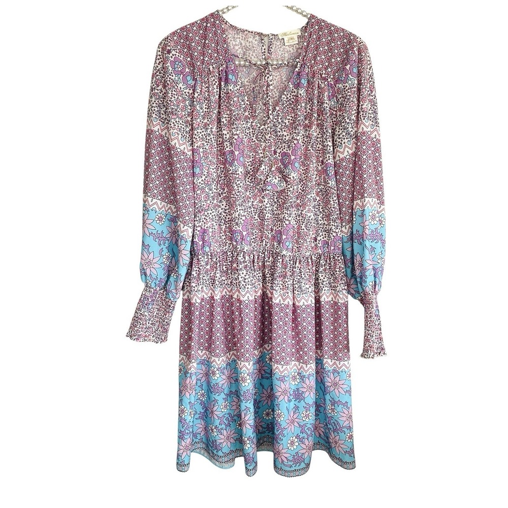 Shoshanna Pink and Blue Printed Long-Sleeve Mini Dress